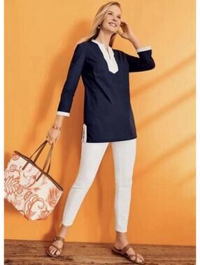 TALBOTS Petite Women’s Cotton Split Neck Top in Navy Blue-Petite Large